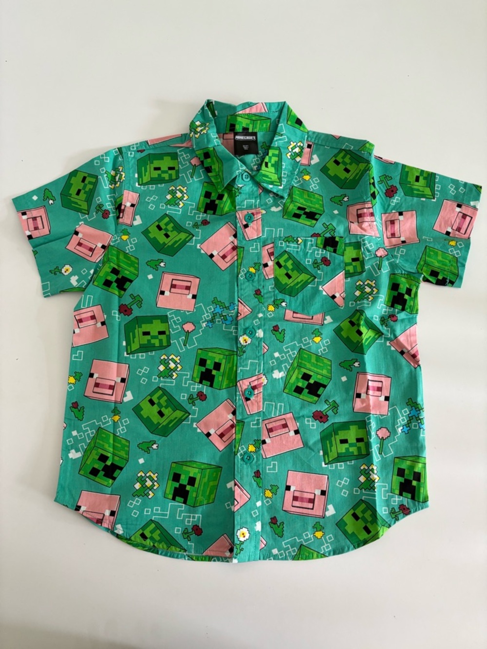 Wonder Nation Minecraft Collared Button Down Shirt Small 6/7 Green Pink Pattern